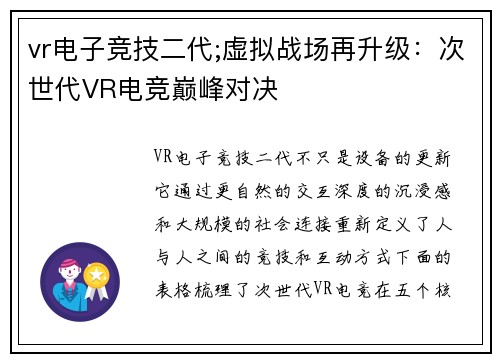 vr电子竞技二代;虚拟战场再升级：次世代VR电竞巅峰对决